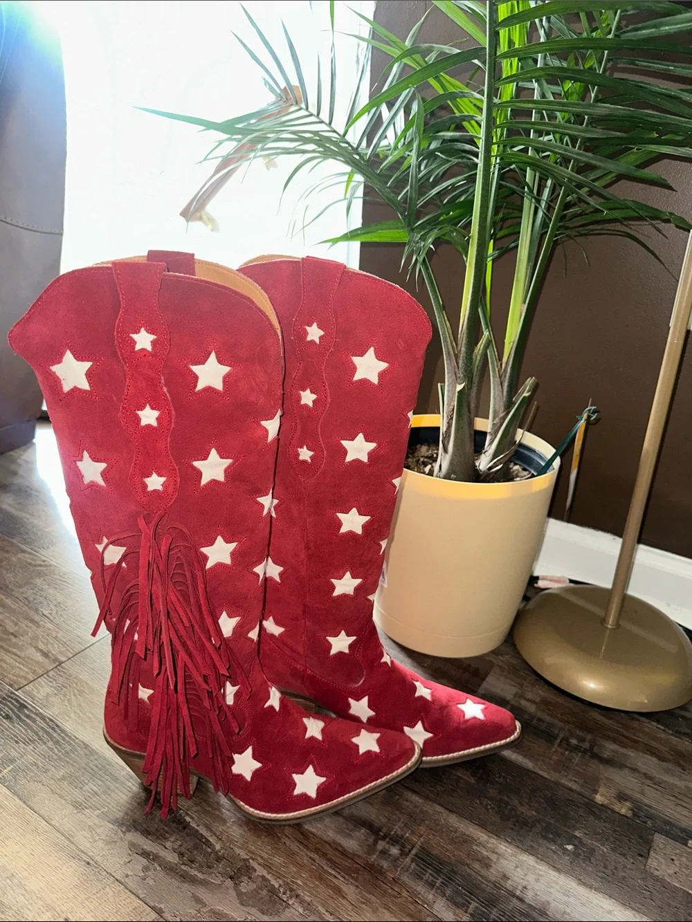Red Suede Over-the-Knee Star Embroidered Boots with Fringe
